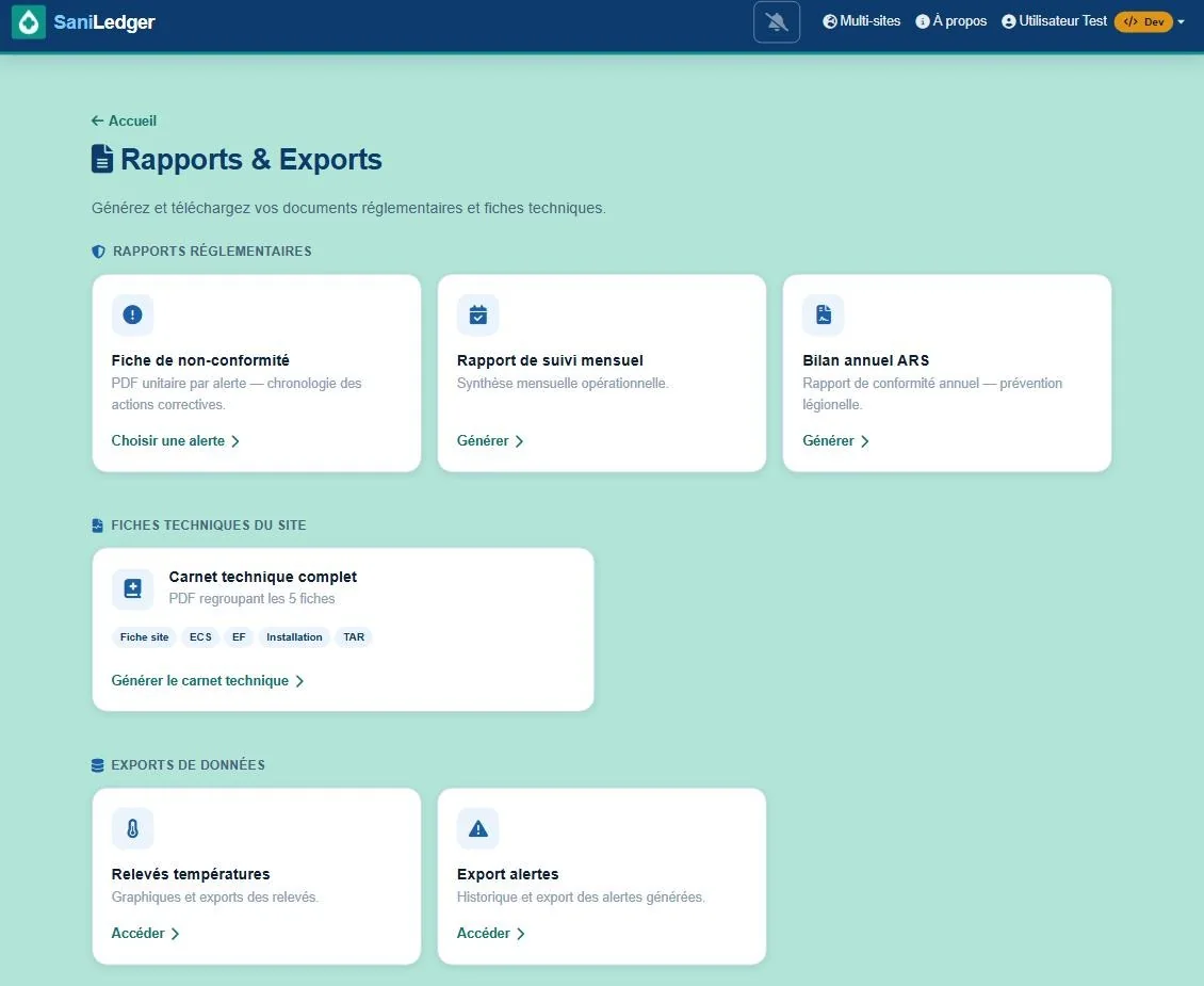 Module Rapports et exports : fiche de non-conformité, rapport de suivi mensuel, bilan annuel ARS, carnet technique complet et exports de données.